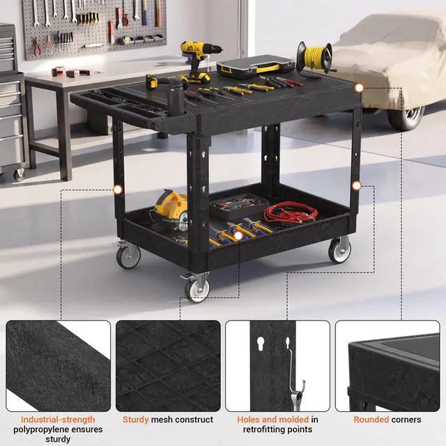 Alt view image 3 of 7 - 46 x 25 Inch Utility Rolling Storage Cart with Flat Top, Black | 1000 Lbs Capacity, Tool Cart with 360° Swivel Wheels, 2 Shelf Work Cart with Sturdy Platform for Grocery, Cleaning, Garage