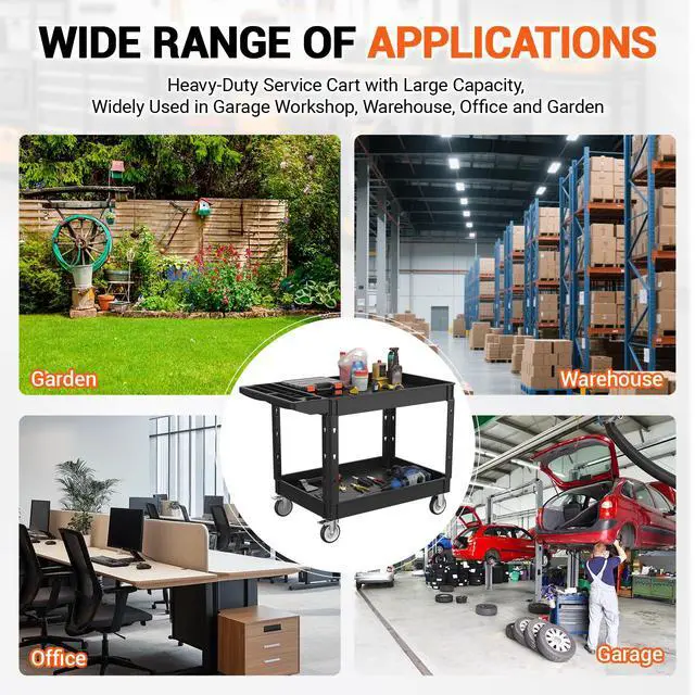 Alt view image 7 of 7 - Utility Rolling Storage Cart, 45 x 25 Inch, 1000 Lbs Capacity, Black | Tool Cart with 360° Swivel Wheels, 2 Shelf Work Cart with Sturdy Platform, for Warehouse, Grocery, Cleaning, Garage