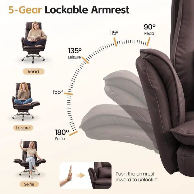 Alt view image 2 of 7 - Big and Tall Office Chair, Footrest & Flip Armrest for Pets, PU Dark Brown | Executive Ergonomic Criss Cross Chair, Reclining High Back Desk Chair, Leather Swivel Computer Chair with Lumber Pillow