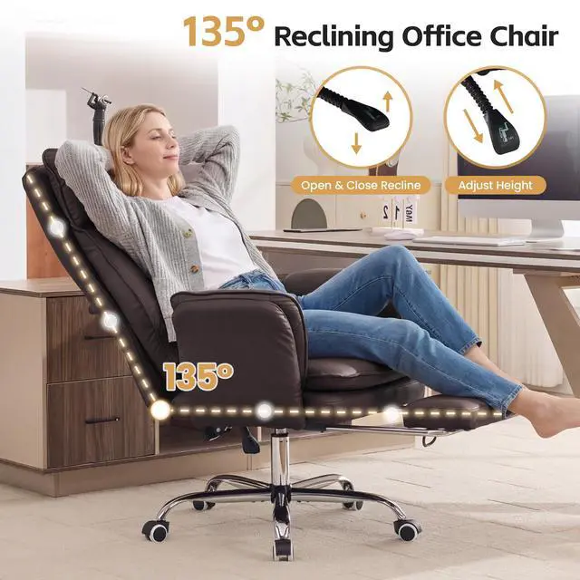 Alt view image 3 of 7 - Big and Tall Office Chair, Footrest & Flip Armrest for Pets, PU Dark Brown | Executive Ergonomic Criss Cross Chair, Reclining High Back Desk Chair, Leather Swivel Computer Chair with Lumber Pillow