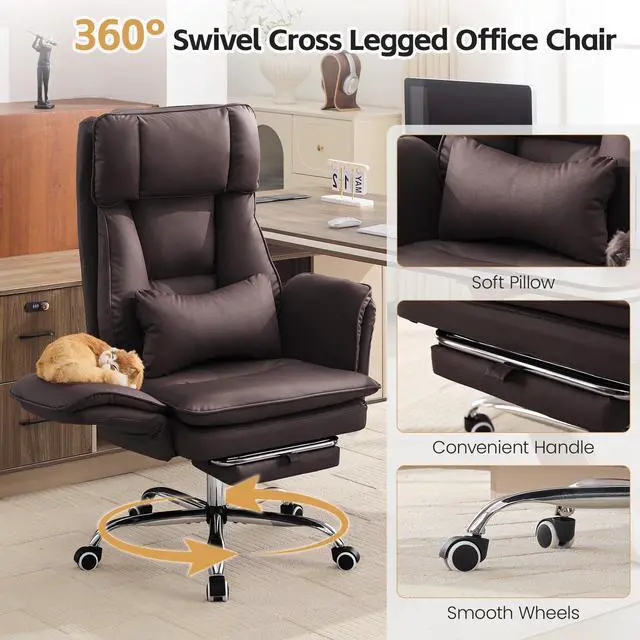 Alt view image 5 of 7 - Big and Tall Office Chair, Footrest & Flip Armrest for Pets, PU Dark Brown | Executive Ergonomic Criss Cross Chair, Reclining High Back Desk Chair, Leather Swivel Computer Chair with Lumber Pillow
