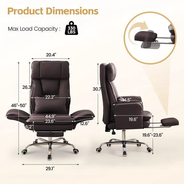 Alt view image 7 of 7 - Big and Tall Office Chair, Footrest & Flip Armrest for Pets, PU Dark Brown | Executive Ergonomic Criss Cross Chair, Reclining High Back Desk Chair, Leather Swivel Computer Chair with Lumber Pillow