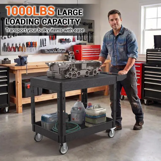 Alt view image 4 of 7 - 46 x 25 Inch Utility Rolling Storage Cart with Flat Top, Black | 1000 Lbs Capacity, Tool Cart with 360° Swivel Wheels, 2 Shelf Work Cart with Sturdy Platform for Grocery, Cleaning, Garage