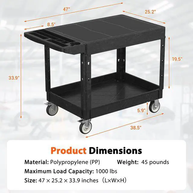 Alt view image 5 of 7 - 46 x 25 Inch Utility Rolling Storage Cart with Flat Top, Black | 1000 Lbs Capacity, Tool Cart with 360° Swivel Wheels, 2 Shelf Work Cart with Sturdy Platform for Grocery, Cleaning, Garage
