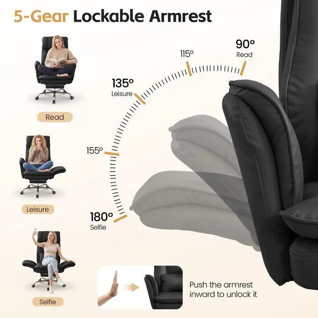 Alt view image 2 of 7 - Big and Tall Office Chair, Footrest & Flip Armrest for Pets, PU Black | Executive Ergonomic Criss Cross Chair, Reclining High Back Desk Chair, Leather Swivel Computer Chair with Lumber Pillow
