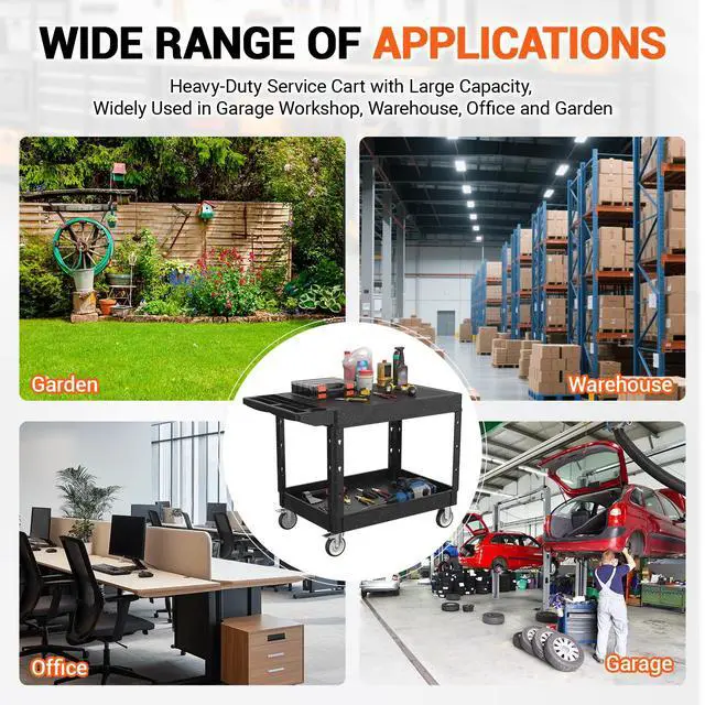 Alt view image 7 of 7 - 46 x 25 Inch Utility Rolling Storage Cart with Flat Top, Black | 1000 Lbs Capacity, Tool Cart with 360° Swivel Wheels, 2 Shelf Work Cart with Sturdy Platform for Grocery, Cleaning, Garage