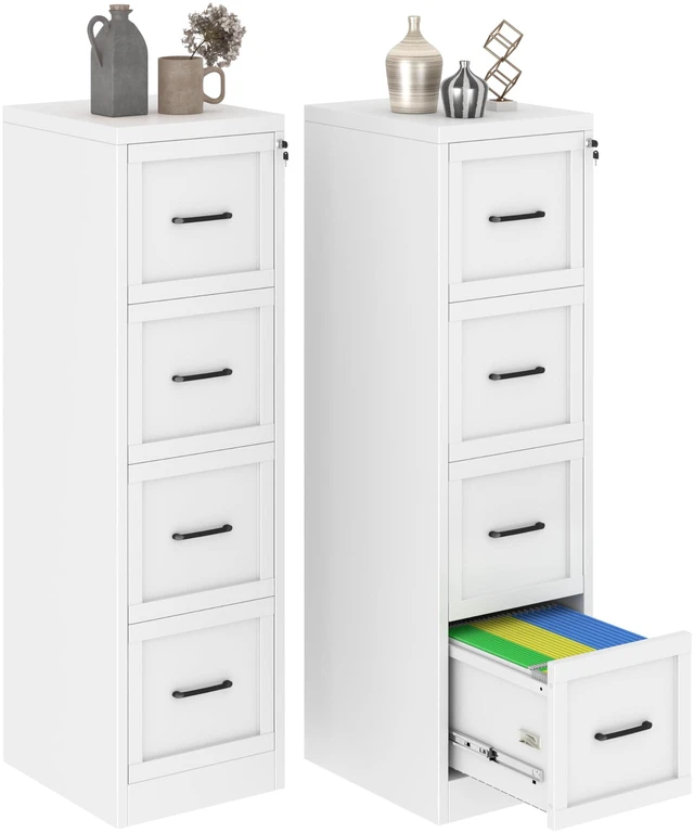 Main image of Metal Vertical File Cabinet with Lock, Home Office 4 Drawer Cabinet | 4 Drawer Filing Cabinet, Beside Desk File Cabinet, White Lockable Storage Cabinet, Fits Letter/Legal/A4 Size