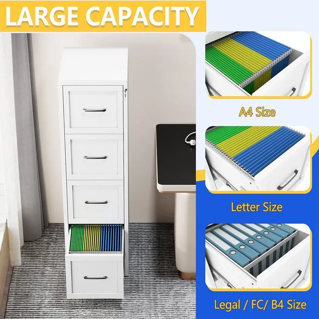 Alt view image 5 of 7 - Metal Vertical File Cabinet with Lock, Home Office 4 Drawer Cabinet | 4 Drawer Filing Cabinet, Beside Desk File Cabinet, White Lockable Storage Cabinet, Fits Letter/Legal/A4 Size