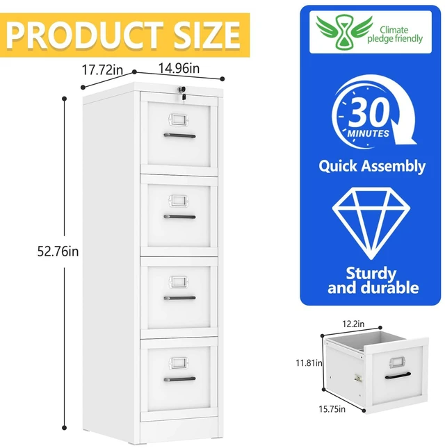 Alt view image 3 of 7 - Metal Vertical File Cabinet with Lock, Home Office 4 Drawer Cabinet | 4 Drawer Filing Cabinet, Beside Desk File Cabinet, White Lockable Storage Cabinet, Fits Letter/Legal/A4 Size