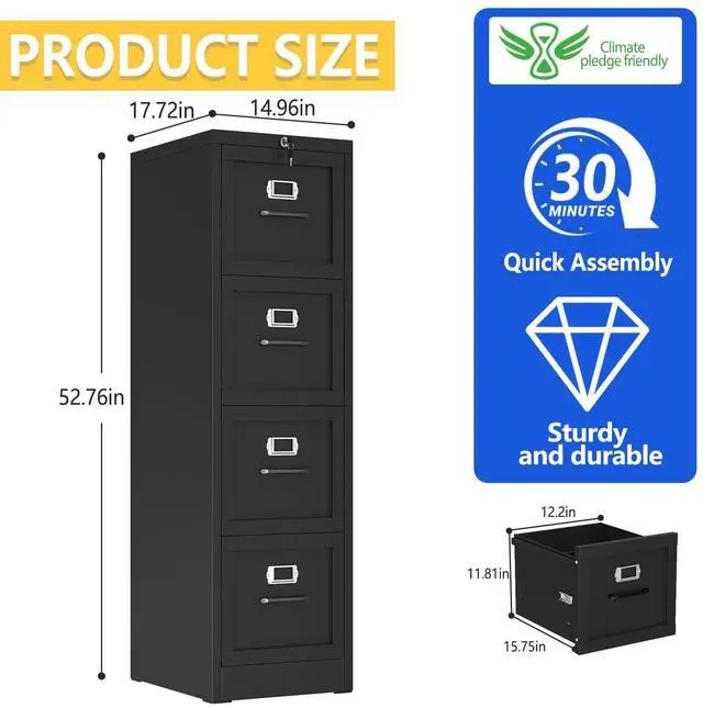 Alt view image 3 of 7 - Metal Vertical File Cabinet with Lock, Home Office 4 Drawer Cabinet | 4 Drawer Filing Cabinet, Beside Desk File Cabinet, Black Lockable Storage Cabinet, Fits Letter/Legal/A4 Size