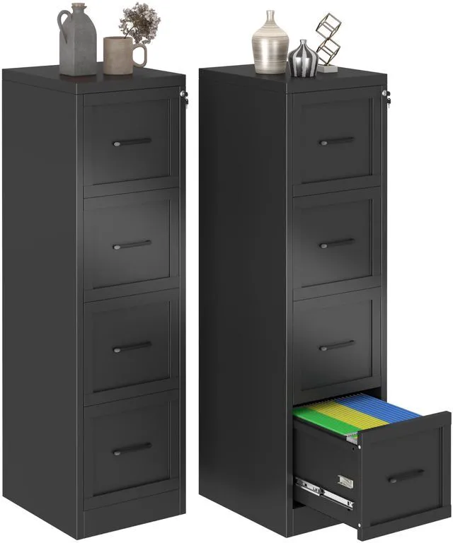 Main image of Metal Vertical File Cabinet with Lock, Home Office 4 Drawer Cabinet | 4 Drawer Filing Cabinet, Beside Desk File Cabinet, Black Lockable Storage Cabinet, Fits Letter/Legal/A4 Size