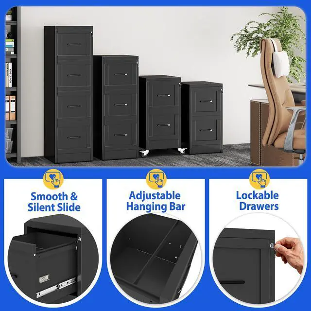 Alt view image 6 of 7 - 2 Drawer Mobile File Cabinet with Wheels, Locked Under Desk Cabinet | Metal Filing Cabints with Lock, Black Rolling File Cabinet for Home Office, Fits Letter/Legal/A4 Size