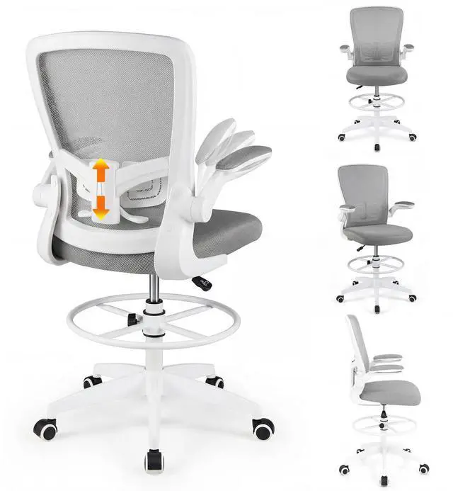 Main image of Ergonomic Tall Office Chair with Adjustable Footrest, Grey 2PCS | Drafting Chair Mesh High Back Desk Chair, Flip-up Armrests, 3IN 3D Foam Cushion, Adjustable Back Support for Home Office