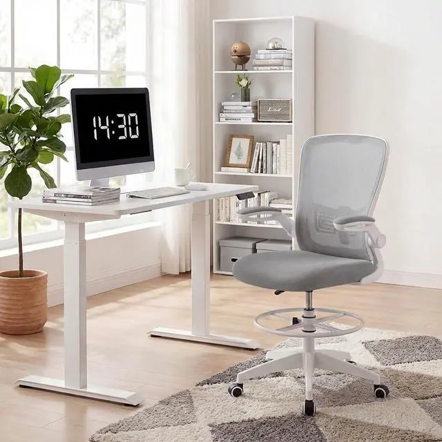 Alt view image 2 of 7 - Ergonomic Tall Office Chair with Adjustable Footrest, Grey 2PCS | Drafting Chair Mesh High Back Desk Chair, Flip-up Armrests, 3IN 3D Foam Cushion, Adjustable Back Support for Home Office