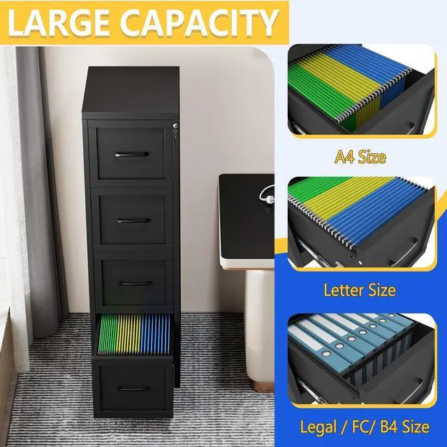 Alt view image 5 of 7 - Metal Vertical File Cabinet with Lock, Home Office 4 Drawer Cabinet | 4 Drawer Filing Cabinet, Beside Desk File Cabinet, Black Lockable Storage Cabinet, Fits Letter/Legal/A4 Size