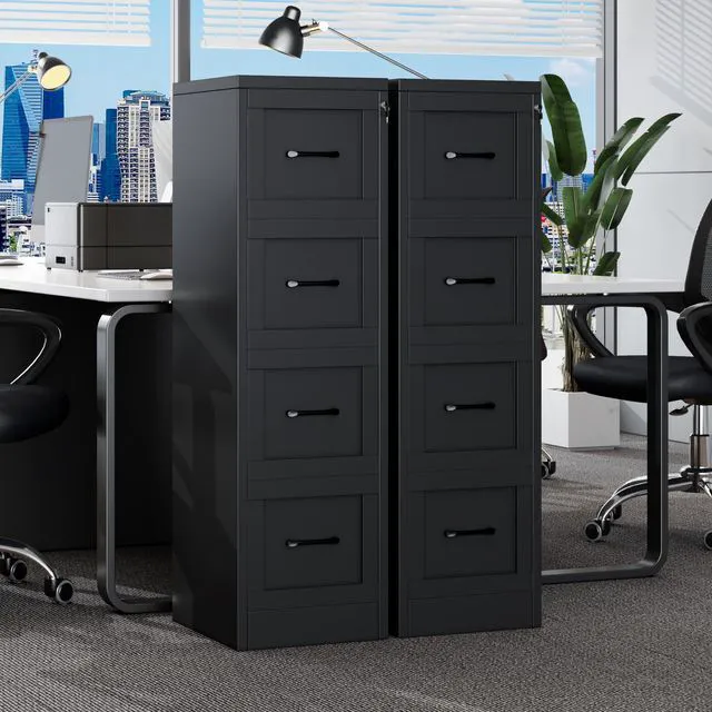 Alt view image 2 of 7 - Metal Vertical File Cabinet with Lock, Home Office 4 Drawer Cabinet | 4 Drawer Filing Cabinet, Beside Desk File Cabinet, Black Lockable Storage Cabinet, Fits Letter/Legal/A4 Size