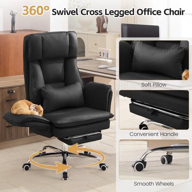 Alt view image 5 of 7 - Big and Tall Office Chair, Footrest & Flip Armrest for Pets, PU Black | Executive Ergonomic Criss Cross Chair, Reclining High Back Desk Chair, Leather Swivel Computer Chair with Lumber Pillow