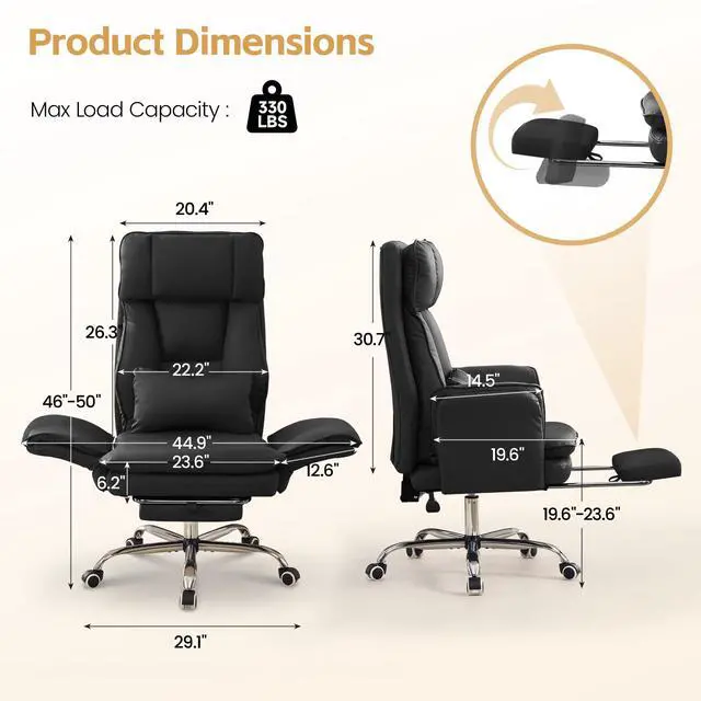 Alt view image 7 of 7 - Big and Tall Office Chair, Footrest & Flip Armrest for Pets, PU Black | Executive Ergonomic Criss Cross Chair, Reclining High Back Desk Chair, Leather Swivel Computer Chair with Lumber Pillow