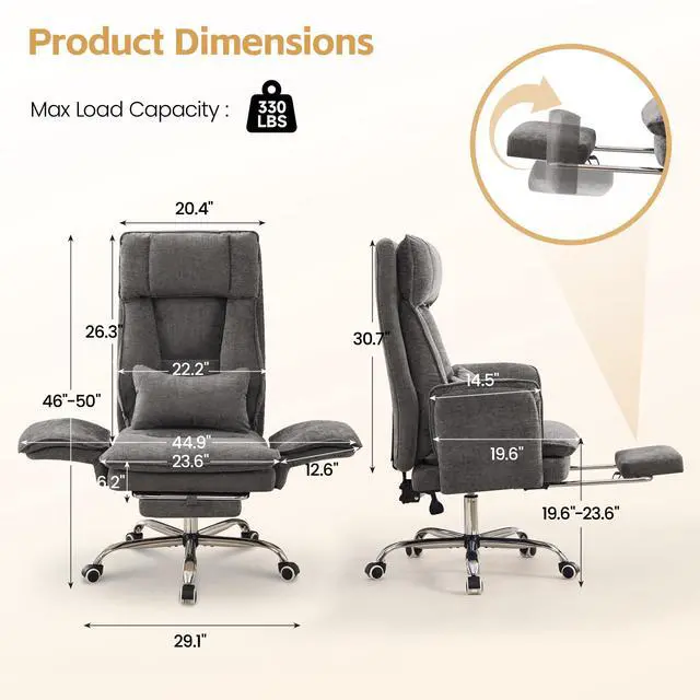 Alt view image 2 of 7 - Big and Tall Office Chair, Footrest & Flip Armrest for Pets, Light Grey | Executive Ergonomic Criss Cross Chair, Reclining High Back Desk Chair, Chenille Swivel Computer Chair with Lumber Pillow
