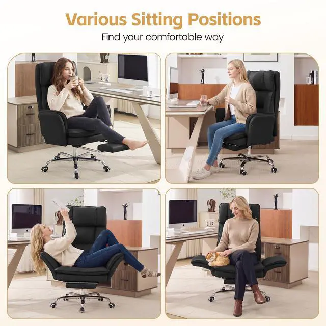 Alt view image 6 of 7 - Big and Tall Office Chair, Footrest & Flip Armrest for Pets, PU Black | Executive Ergonomic Criss Cross Chair, Reclining High Back Desk Chair, Leather Swivel Computer Chair with Lumber Pillow