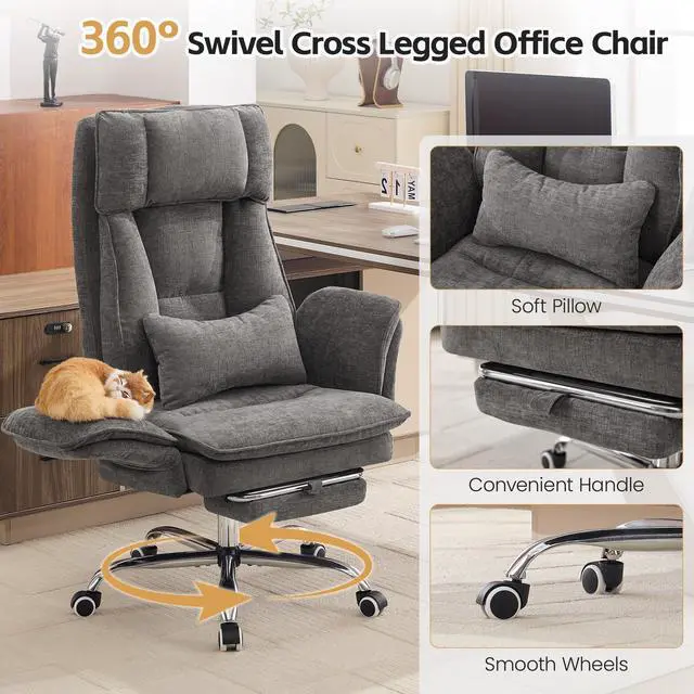 Alt view image 6 of 7 - Big and Tall Office Chair, Footrest & Flip Armrest for Pets, Light Grey | Executive Ergonomic Criss Cross Chair, Reclining High Back Desk Chair, Chenille Swivel Computer Chair with Lumber Pillow