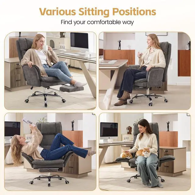 Alt view image 7 of 7 - Big and Tall Office Chair, Footrest & Flip Armrest for Pets, Light Grey | Executive Ergonomic Criss Cross Chair, Reclining High Back Desk Chair, Chenille Swivel Computer Chair with Lumber Pillow