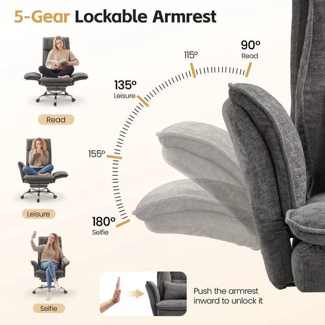 Alt view image 3 of 7 - Big and Tall Office Chair, Footrest & Flip Armrest for Pets, Light Grey | Executive Ergonomic Criss Cross Chair, Reclining High Back Desk Chair, Chenille Swivel Computer Chair with Lumber Pillow