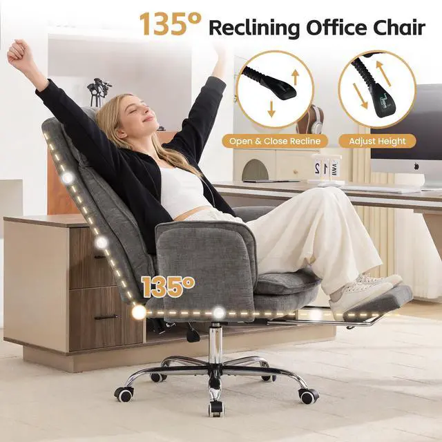 Alt view image 4 of 7 - Big and Tall Office Chair, Footrest & Flip Armrest for Pets, Light Grey | Executive Ergonomic Criss Cross Chair, Reclining High Back Desk Chair, Chenille Swivel Computer Chair with Lumber Pillow