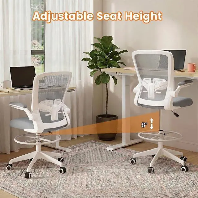 Alt view image 4 of 7 - Ergonomic Tall Office Chair with Adjustable Footrest, Grey 2PCS | Drafting Chair Mesh High Back Desk Chair, Flip-up Armrests, 3IN 3D Foam Cushion, Adjustable Back Support for Home Office