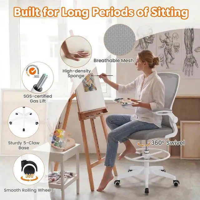 Alt view image 5 of 7 - Ergonomic Tall Office Chair with Adjustable Footrest, Grey 2PCS | Drafting Chair Mesh High Back Desk Chair, Flip-up Armrests, 3IN 3D Foam Cushion, Adjustable Back Support for Home Office