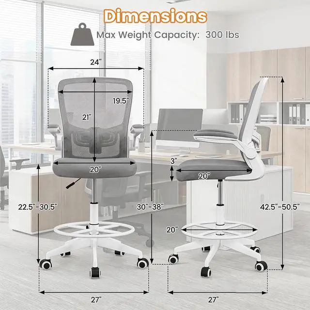 Alt view image 3 of 7 - Ergonomic Tall Office Chair with Adjustable Footrest, Grey 2PCS | Drafting Chair Mesh High Back Desk Chair, Flip-up Armrests, 3IN 3D Foam Cushion, Adjustable Back Support for Home Office