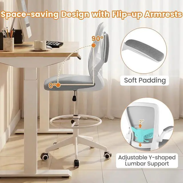 Alt view image 6 of 7 - Ergonomic Tall Office Chair with Adjustable Footrest, Grey 2PCS | Drafting Chair Mesh High Back Desk Chair, Flip-up Armrests, 3IN 3D Foam Cushion, Adjustable Back Support for Home Office