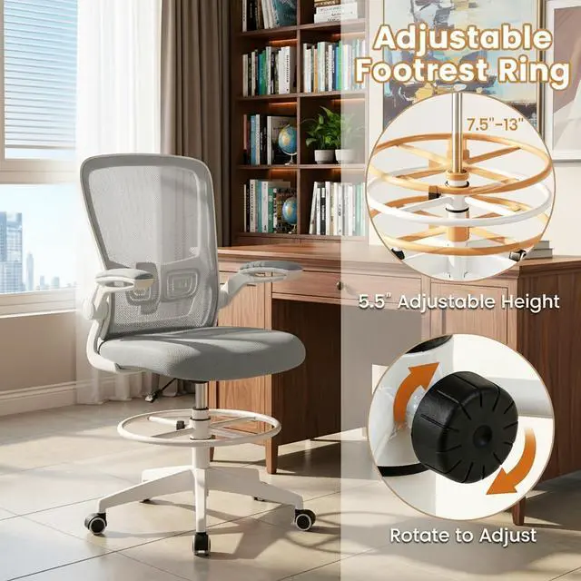 Alt view image 7 of 7 - Ergonomic Tall Office Chair with Adjustable Footrest, Grey 2PCS | Drafting Chair Mesh High Back Desk Chair, Flip-up Armrests, 3IN 3D Foam Cushion, Adjustable Back Support for Home Office