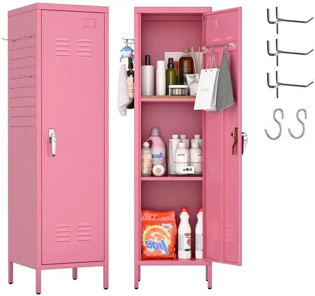 Main image of Pink Metal Locker with Lock, Pegboards and 5 Hooks, 54.45" H | 15"W x 15"D steel locker with keyed lock, 2 door pegboards, 5 hooks, ventilation openings and required assembly