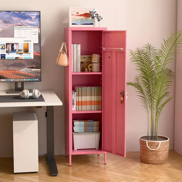 Alt view image 2 of 7 - Pink Metal Locker with Lock, Pegboards and 5 Hooks, 54.45" H | 15"W x 15"D steel locker with keyed lock, 2 door pegboards, 5 hooks, ventilation openings and required assembly