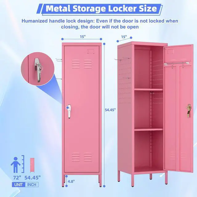 Alt view image 3 of 7 - Pink Metal Locker with Lock, Pegboards and 5 Hooks, 54.45" H | 15"W x 15"D steel locker with keyed lock, 2 door pegboards, 5 hooks, ventilation openings and required assembly