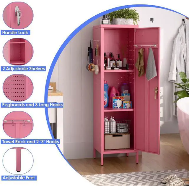 Alt view image 4 of 7 - Pink Metal Locker with Lock, Pegboards and 5 Hooks, 54.45" H | 15"W x 15"D steel locker with keyed lock, 2 door pegboards, 5 hooks, ventilation openings and required assembly
