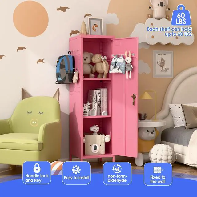 Alt view image 5 of 7 - Pink Metal Locker with Lock, Pegboards and 5 Hooks, 54.45" H | 15"W x 15"D steel locker with keyed lock, 2 door pegboards, 5 hooks, ventilation openings and required assembly