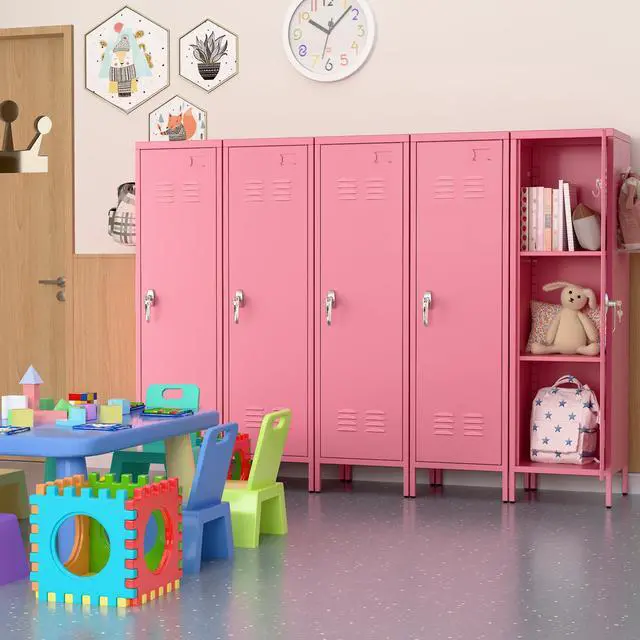 Alt view image 6 of 7 - Pink Metal Locker with Lock, Pegboards and 5 Hooks, 54.45" H | 15"W x 15"D steel locker with keyed lock, 2 door pegboards, 5 hooks, ventilation openings and required assembly
