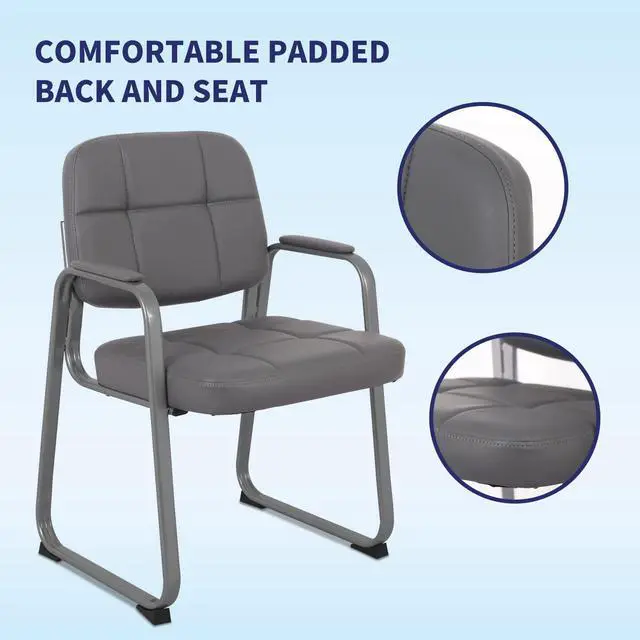 Alt view image 4 of 7 - Classic Reception Chair with Padded Armrests and Sled Base, Ergonomic Guest Chair for Office Conference Waiting Meeting Room, Grey (2 Pack)