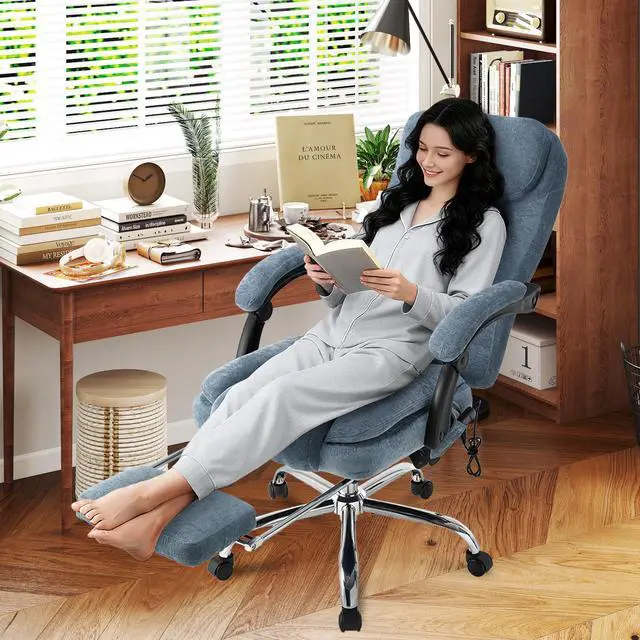 Alt view image 2 of 7 - 500LBS Massage Office Chair, Reclining 6 Points Vibration and Heat Desk Chair with Foot Rest, Ergonomic Executive Office Chairs, Comfy Wider & Thicker Seat, Big and Tall Gaming Chair, Fabric Blue
