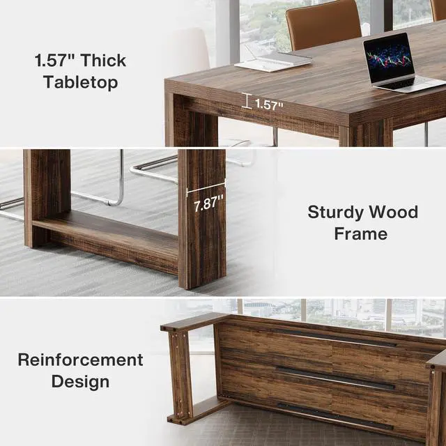 Alt view image 7 of 7 - 7 ft Conference Table for 6 to 8 People, Modern Rectangle Meeting Room Desk for Boardroom, Home Office (1, Dark Brown)