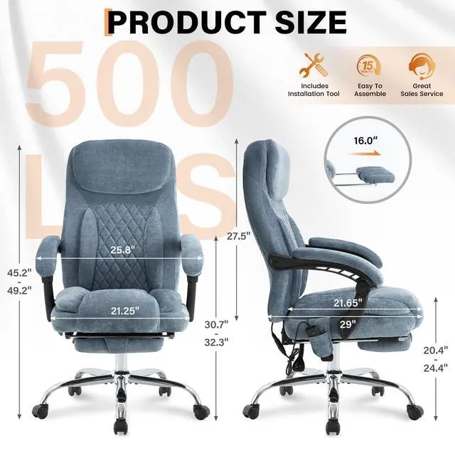 Alt view image 3 of 7 - 500LBS Massage Office Chair, Reclining 6 Points Vibration and Heat Desk Chair with Foot Rest, Ergonomic Executive Office Chairs, Comfy Wider & Thicker Seat, Big and Tall Gaming Chair, Fabric Blue