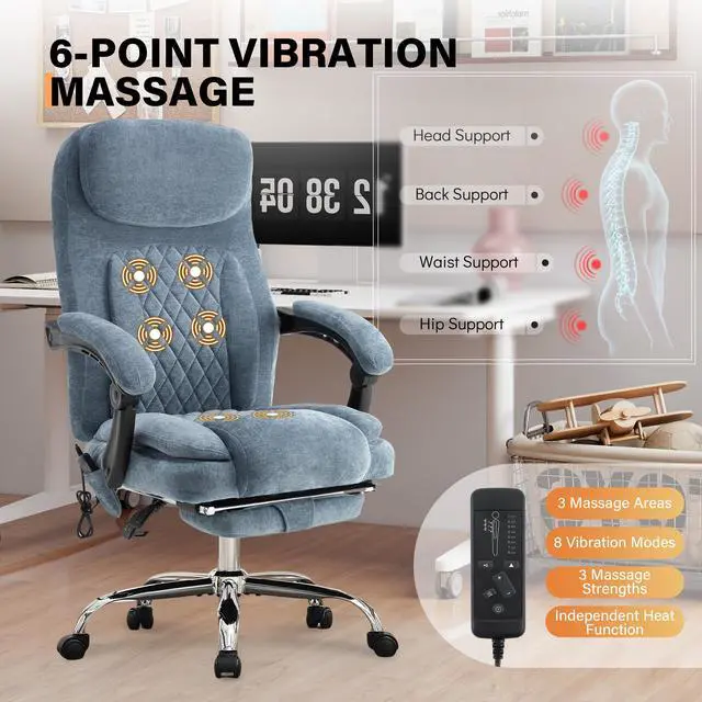 Alt view image 4 of 7 - 500LBS Massage Office Chair, Reclining 6 Points Vibration and Heat Desk Chair with Foot Rest, Ergonomic Executive Office Chairs, Comfy Wider & Thicker Seat, Big and Tall Gaming Chair, Fabric Blue