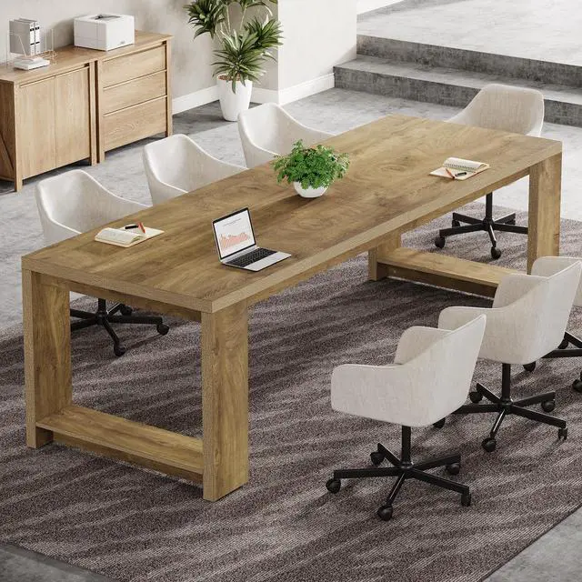 Alt view image 3 of 7 - 7 ft Conference Table for 6 to 8 People, Modern Rectangle Meeting Room Desk for Boardroom, Home Office (1, Oak)