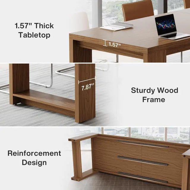 Alt view image 7 of 7 - 7 ft Conference Table for 6 to 8 People, Modern Rectangle Meeting Room Desk for Boardroom, Home Office (1, Brown)