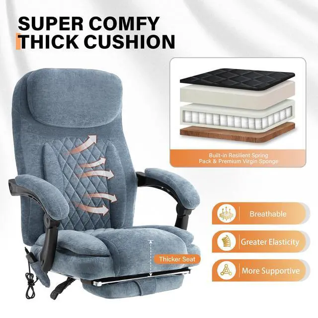 Alt view image 5 of 7 - 500LBS Massage Office Chair, Reclining 6 Points Vibration and Heat Desk Chair with Foot Rest, Ergonomic Executive Office Chairs, Comfy Wider & Thicker Seat, Big and Tall Gaming Chair, Fabric Blue