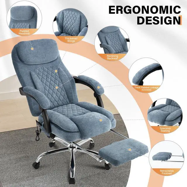 Alt view image 6 of 7 - 500LBS Massage Office Chair, Reclining 6 Points Vibration and Heat Desk Chair with Foot Rest, Ergonomic Executive Office Chairs, Comfy Wider & Thicker Seat, Big and Tall Gaming Chair, Fabric Blue