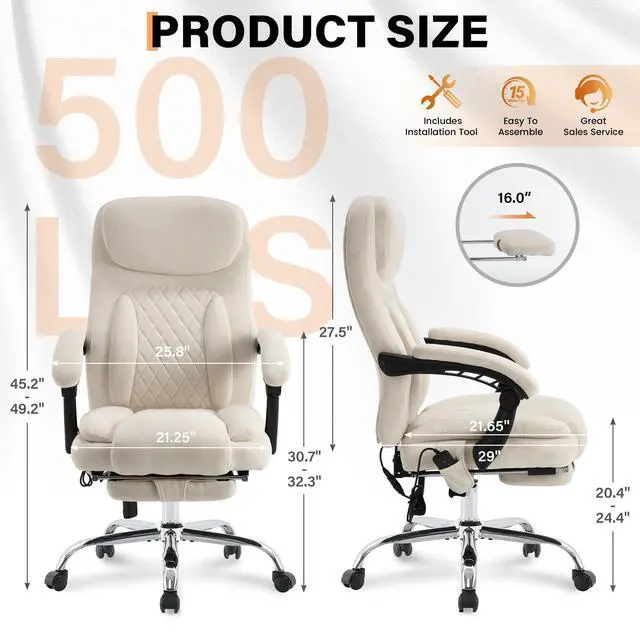 Alt view image 3 of 7 - 500LBS Massage Office Chair, Reclining 6 Points Vibration and Heat Desk Chair with Foot Rest, Ergonomic Executive Office Chairs, Comfy Wider & Thicker Seat, Big and Tall Gaming Chair, Fabric Beige