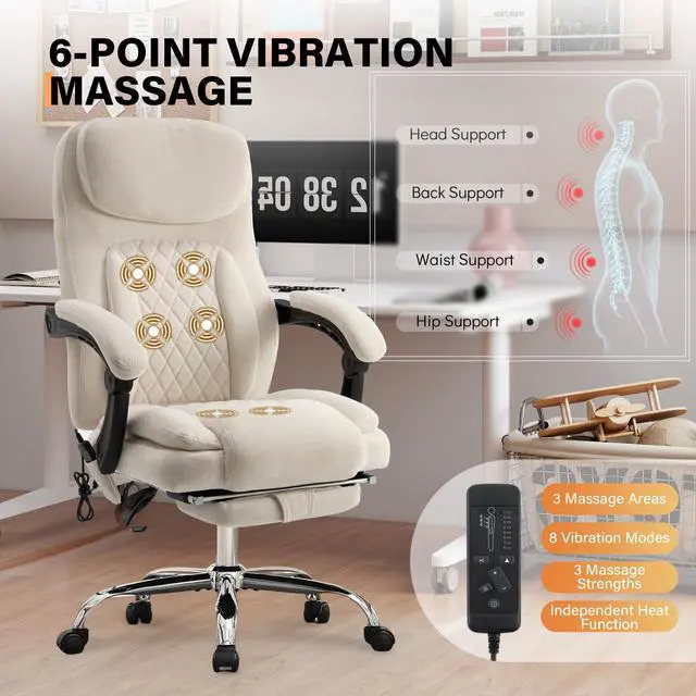 Alt view image 4 of 7 - 500LBS Massage Office Chair, Reclining 6 Points Vibration and Heat Desk Chair with Foot Rest, Ergonomic Executive Office Chairs, Comfy Wider & Thicker Seat, Big and Tall Gaming Chair, Fabric Beige